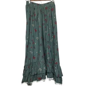 Vintage Roper Western Cottage Floral Broom Skirt Medium Sage Green Ruffle Lace
